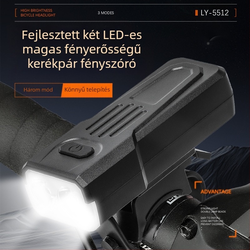 Kerékpár első lámpa éjszakai kerékpározáshoz, újratölthető, vízálló, mountain bike kompatibil (újratölthető, vízálló, éjszakai használat, mountain bike)