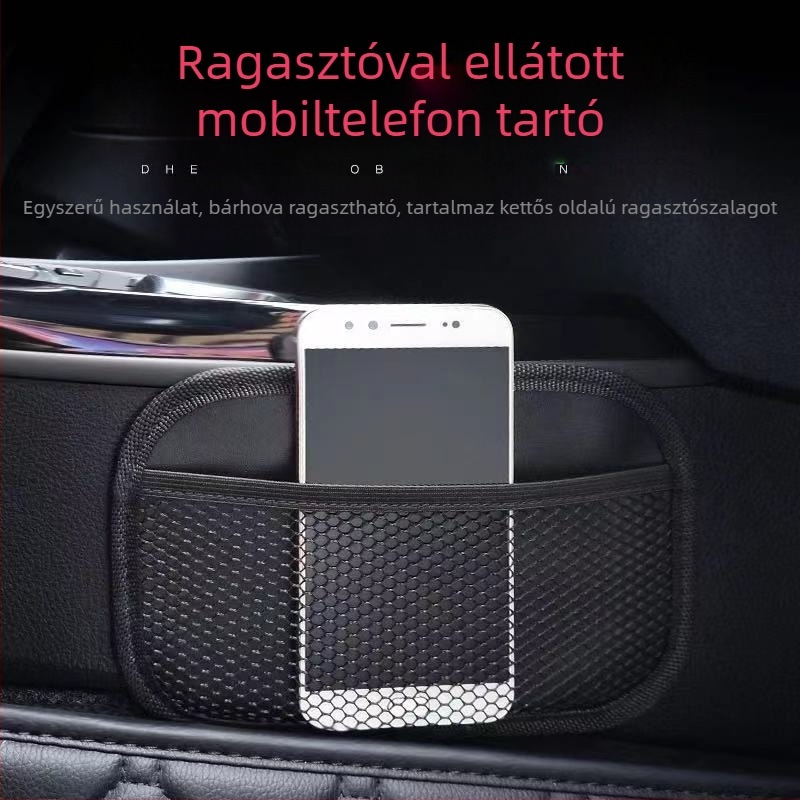 Bőr autó hátsó ülés szervező, ragasztóval történő telepítés, telefonzseb és hálózseb