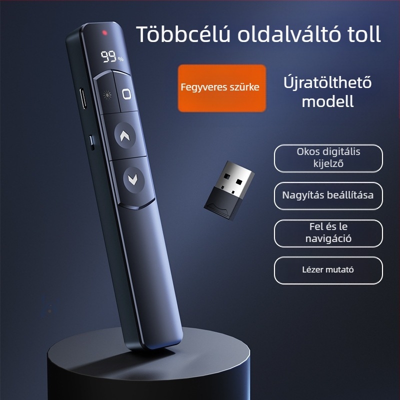 Xinlin PPT oldalváltó toll lézer pointerrel, újratölthető, ABS anyagból, univerzális kompatibilitás, logóval nyomtatott