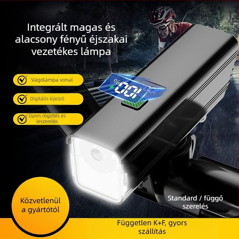 Éjszakai tekeréshez szánt első kerékpár lámpa – 10W LED, 3000–4500 mAh akkumulátor, akkumulátoros működés, hatótávolság akár 50 m, töltővel együtt