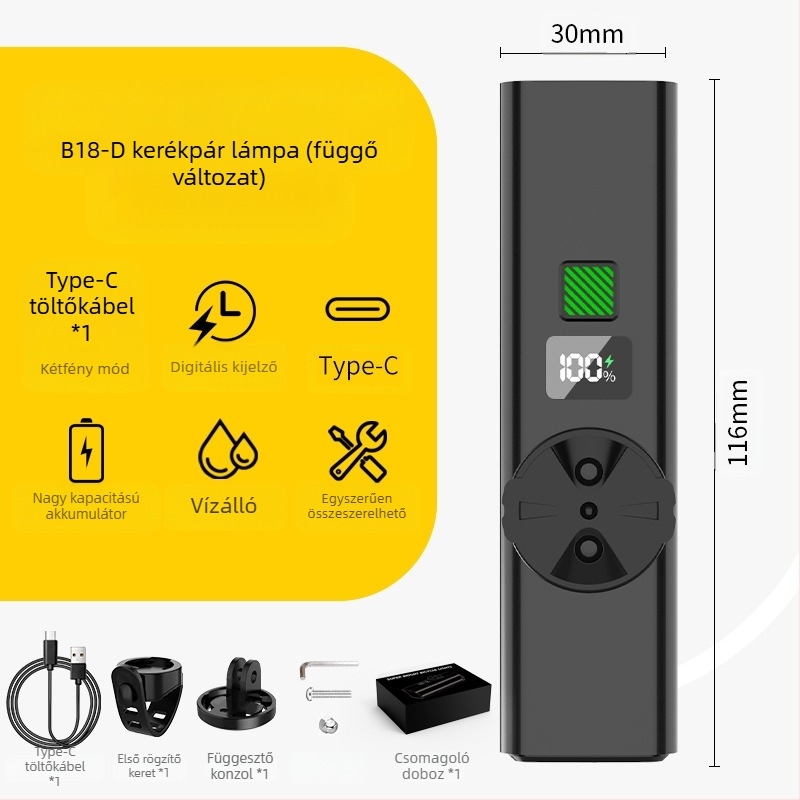 Éjszakai tekeréshez szánt első kerékpár lámpa – 10W LED, 3000–4500 mAh akkumulátor, akkumulátoros működés, hatótávolság akár 50 m, töltővel együtt