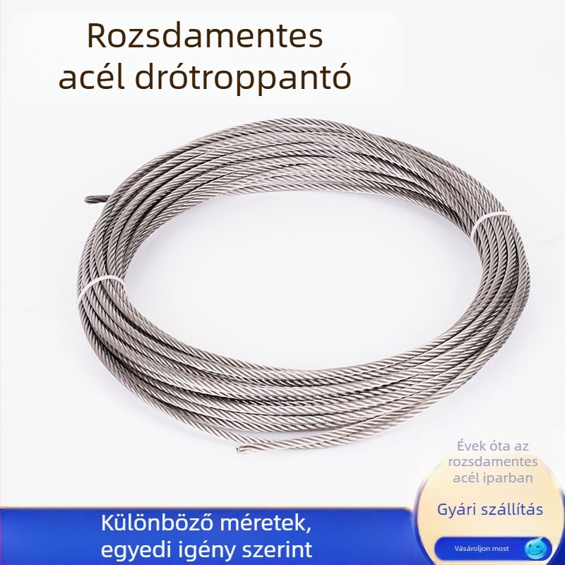 304 rozsdamentes acél drótvontató kötél emeléshez — kettős csavarodás, Siro lay, jobbra tekerés, húzóerő 1570 MPa