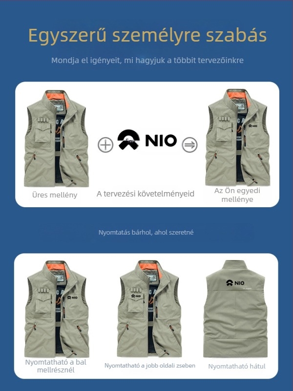 Munkás mellény álló gallérral és elöl cipzárral, poliészter anyag, nyomtatás/festés, tavasz–ősz