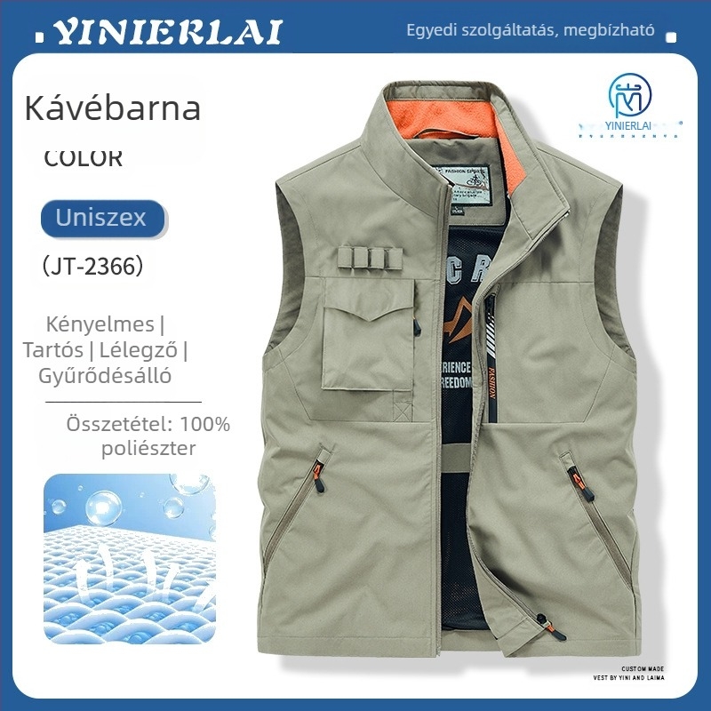 Munkás mellény álló gallérral és elöl cipzárral, poliészter anyag, nyomtatás/festés, tavasz–ősz