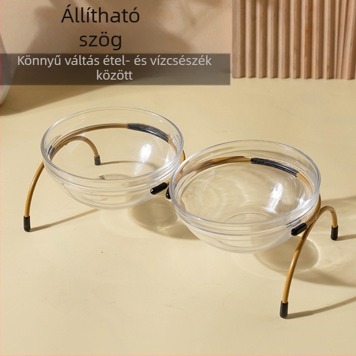 Üveg macskatál, kettős tál étel és víz számára, állítható szögű vas állvány, Shuo Ni márka