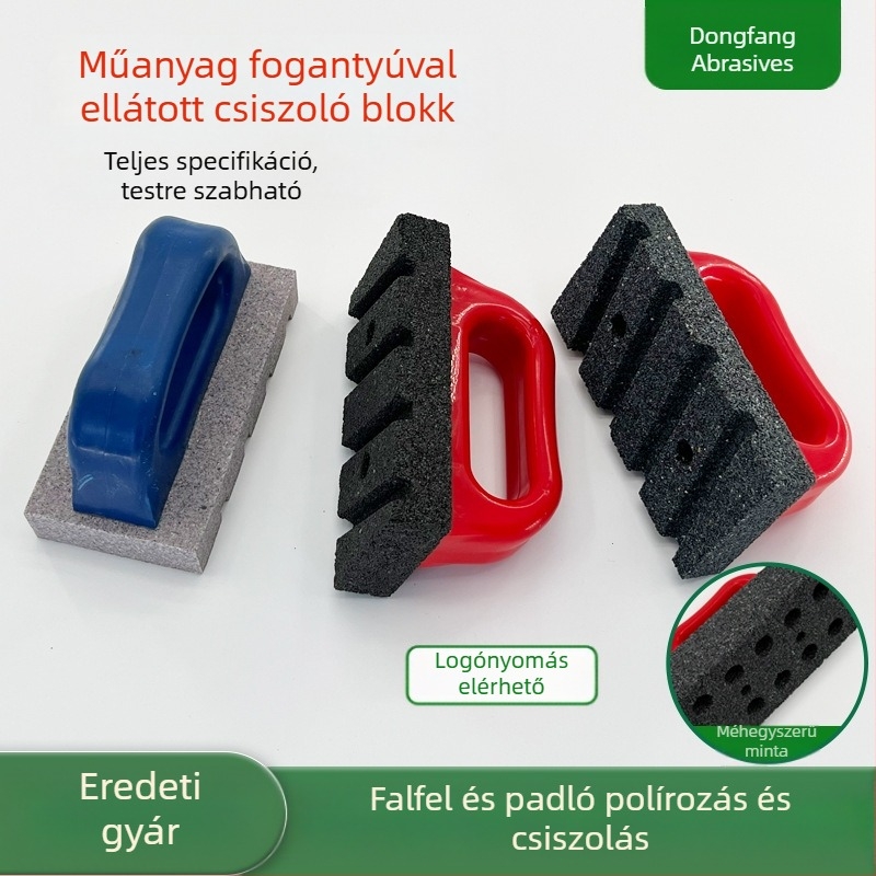Műanyag fogantyúval rendelkező csiszoló kő blokk, téglalap alakú, anyagok: szilícium-karbid és korundum, szemcse 24/36/46 vagy 16–10000, márvány padló polírozásához