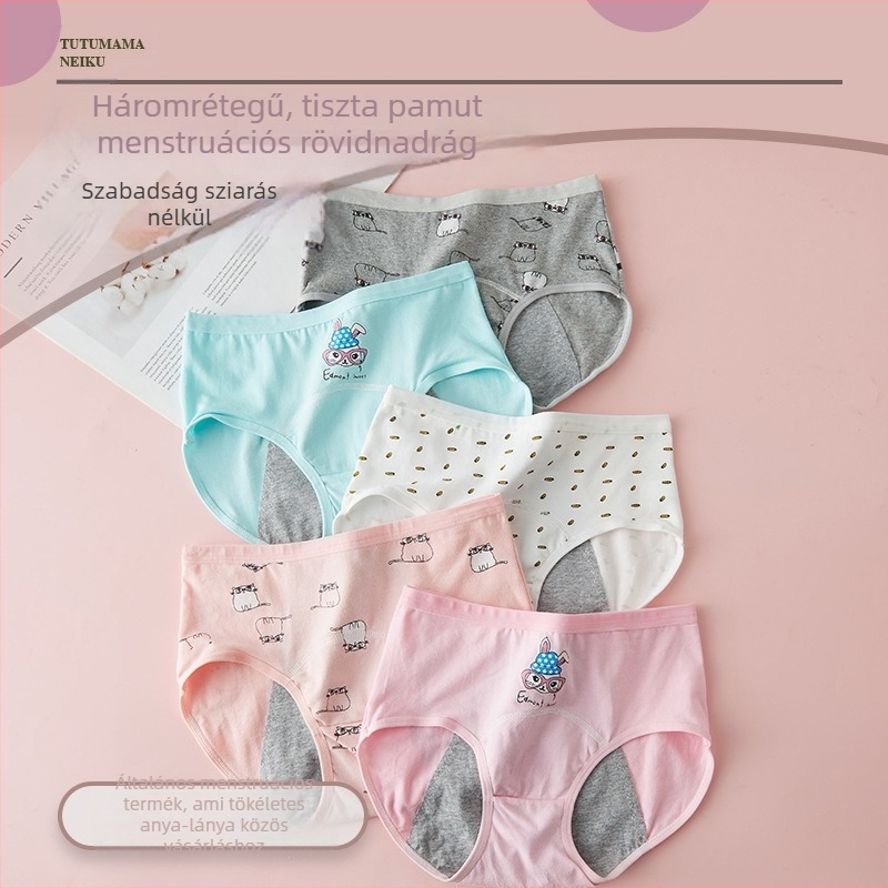 Lányok számára tervezett menstruációs fehérnemű, fő anyag 95% pamut, ágyék rész 100% pamut, háromrétegű szivárgás elleni védelem