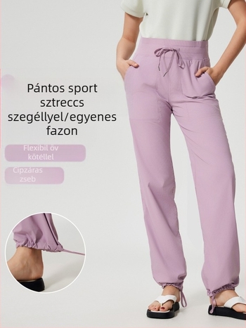 Női gyorsan száradó kültéri futó nadrág, laza szabás, középmagas derekú zsinórral, pamut-nylon keverék anyag, 95% nylon, egész éves viselet