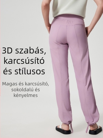 Női gyorsan száradó kültéri futó nadrág, laza szabás, középmagas derekú zsinórral, pamut-nylon keverék anyag, 95% nylon, egész éves viselet