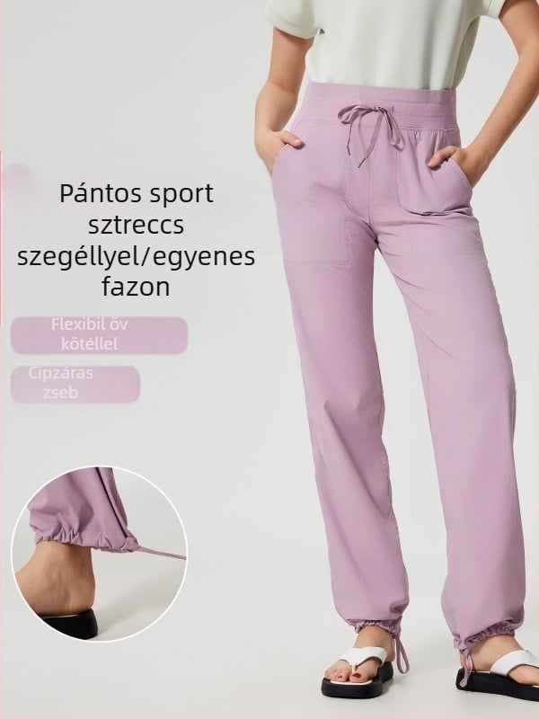 Női gyorsan száradó kültéri futó nadrág, laza szabás, középmagas derekú zsinórral, pamut-nylon keverék anyag, 95% nylon, egész éves viselet