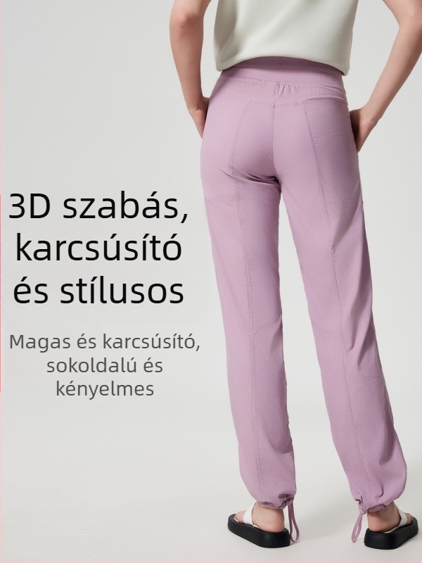 Női gyorsan száradó kültéri futó nadrág, laza szabás, középmagas derekú zsinórral, pamut-nylon keverék anyag, 95% nylon, egész éves viselet