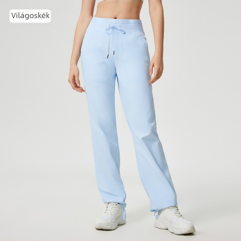 Női gyorsan száradó kültéri futó nadrág, laza szabás, középmagas derekú zsinórral, pamut-nylon keverék anyag, 95% nylon, egész éves viselet