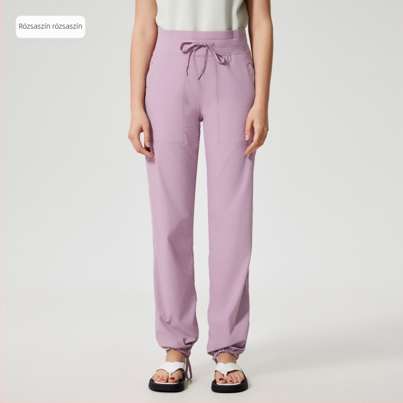 Női gyorsan száradó kültéri futó nadrág, laza szabás, középmagas derekú zsinórral, pamut-nylon keverék anyag, 95% nylon, egész éves viselet