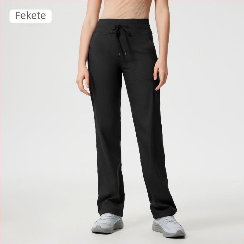 Női gyorsan száradó kültéri futó nadrág, laza szabás, középmagas derekú zsinórral, pamut-nylon keverék anyag, 95% nylon, egész éves viselet