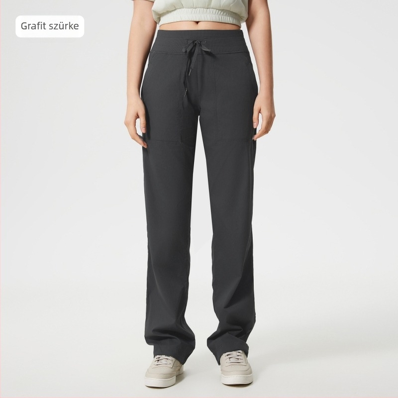 Női gyorsan száradó kültéri futó nadrág, laza szabás, középmagas derekú zsinórral, pamut-nylon keverék anyag, 95% nylon, egész éves viselet