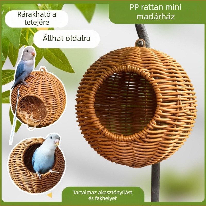 Madár számára lógó fészek mű rattanból, harapásálló, egész éves használatra