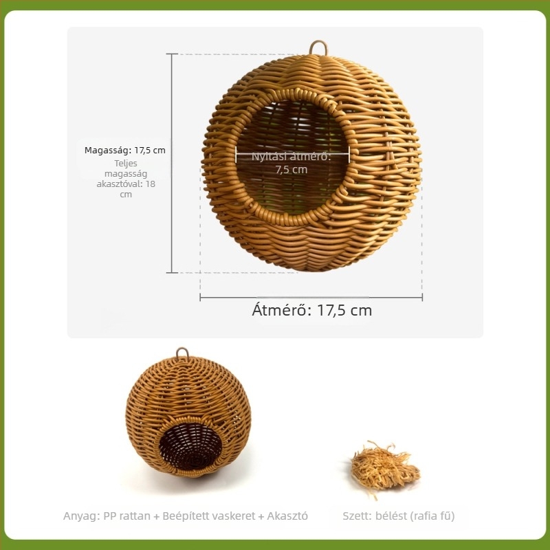 Madár számára lógó fészek mű rattanból, harapásálló, egész éves használatra