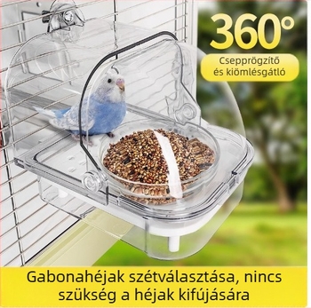 Papagáj etető doboz anti-szóródó kialakítással és szeparációval a gabonahéjak között, tál a ketrechez és vízmedence, automata etető