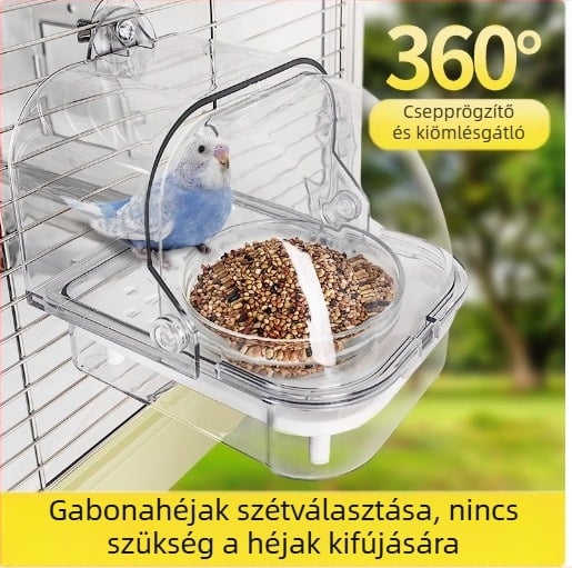 Papagáj etető doboz anti-szóródó kialakítással és szeparációval a gabonahéjak között, tál a ketrechez és vízmedence, automata etető