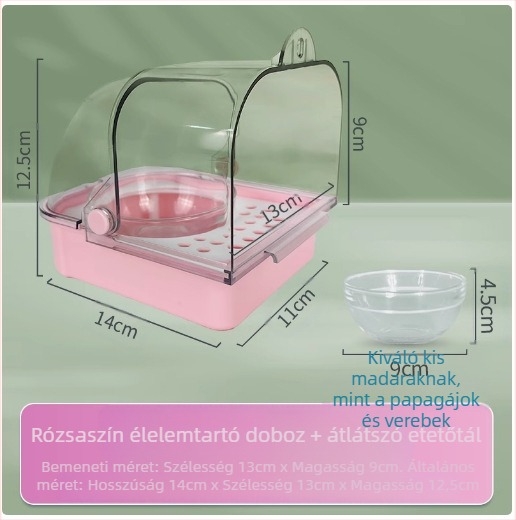 Papagáj etető doboz anti-szóródó kialakítással és szeparációval a gabonahéjak között, tál a ketrechez és vízmedence, automata etető