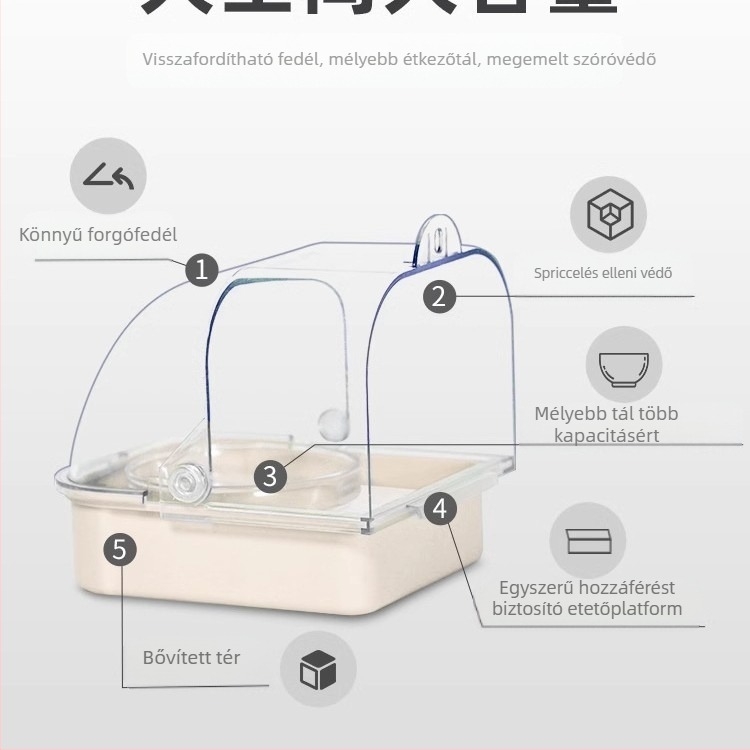 Papagáj etető doboz anti-szóródó kialakítással és szeparációval a gabonahéjak között, tál a ketrechez és vízmedence, automata etető