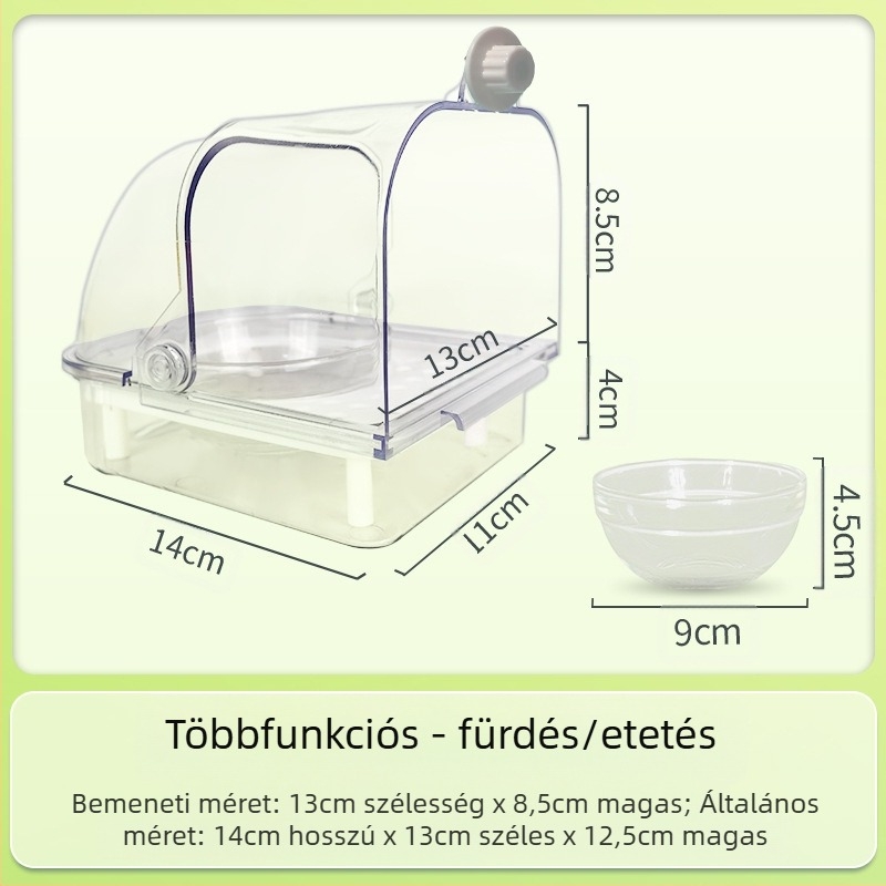 Papagáj etető doboz anti-szóródó kialakítással és szeparációval a gabonahéjak között, tál a ketrechez és vízmedence, automata etető