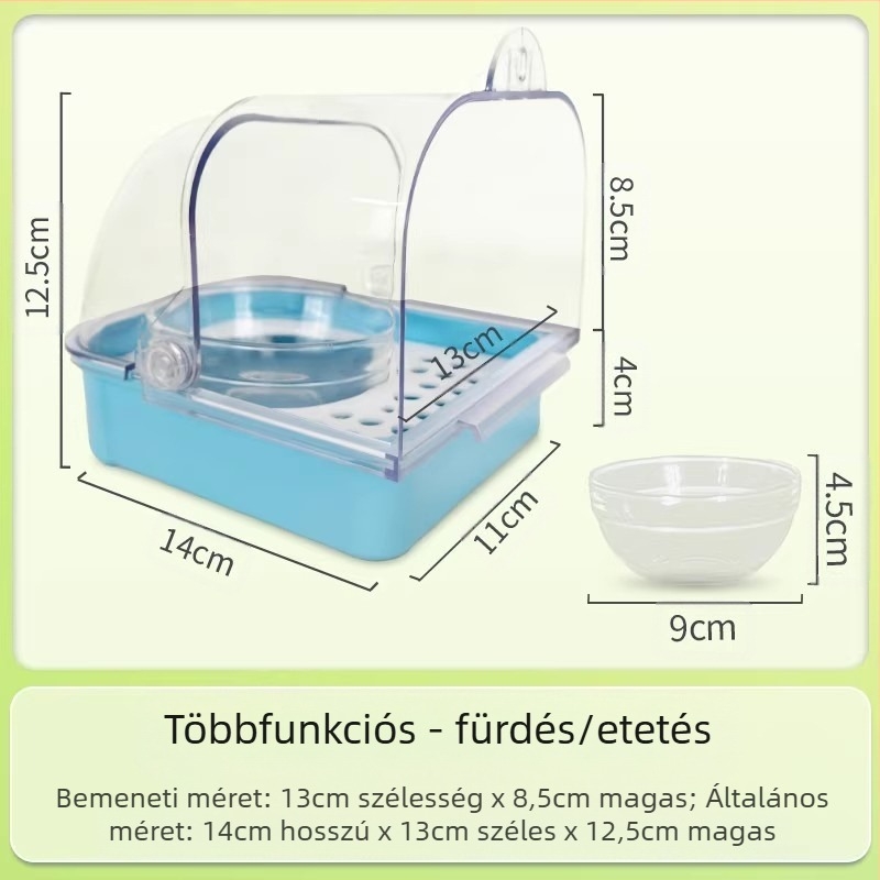 Papagáj etető doboz anti-szóródó kialakítással és szeparációval a gabonahéjak között, tál a ketrechez és vízmedence, automata etető