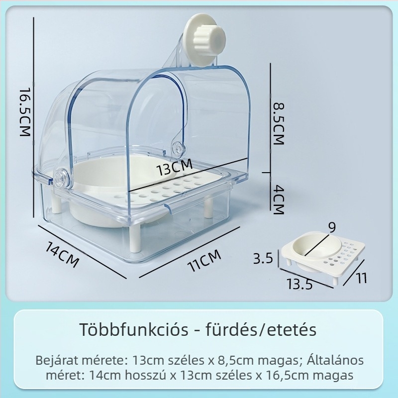 Papagáj etető doboz anti-szóródó kialakítással és szeparációval a gabonahéjak között, tál a ketrechez és vízmedence, automata etető
