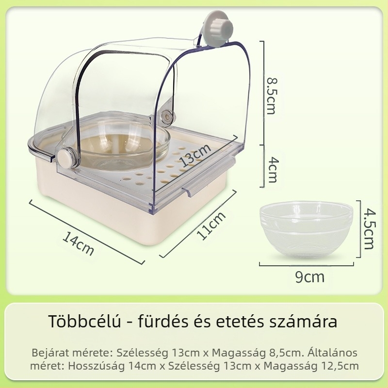 Papagáj etető doboz anti-szóródó kialakítással és szeparációval a gabonahéjak között, tál a ketrechez és vízmedence, automata etető