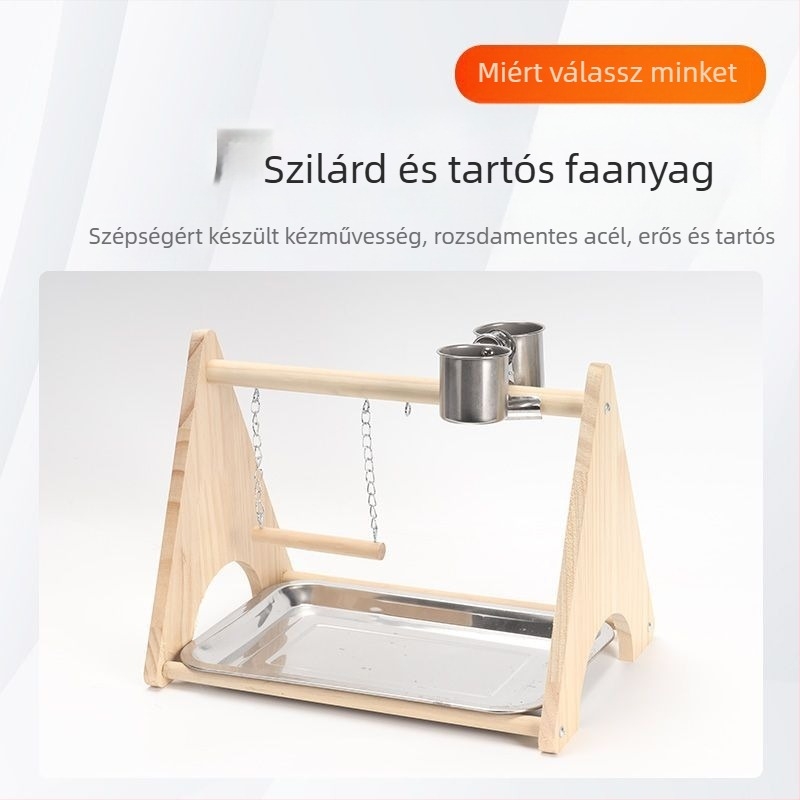 Fából készült papagájjátszótér — interaktív hintázó állvány és csiszoló karmát gyakoroló játék, madárketrec kiegészítő, márka Penta forest, eredet Shandong