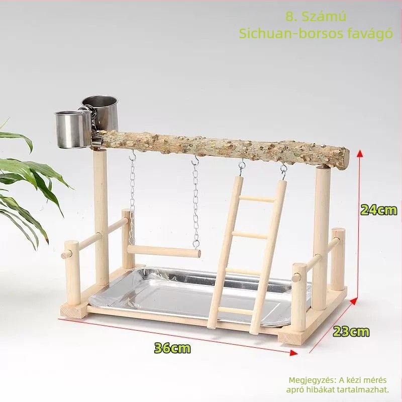 Fából készült papagájjátszótér — interaktív hintázó állvány és csiszoló karmát gyakoroló játék, madárketrec kiegészítő, márka Penta forest, eredet Shandong