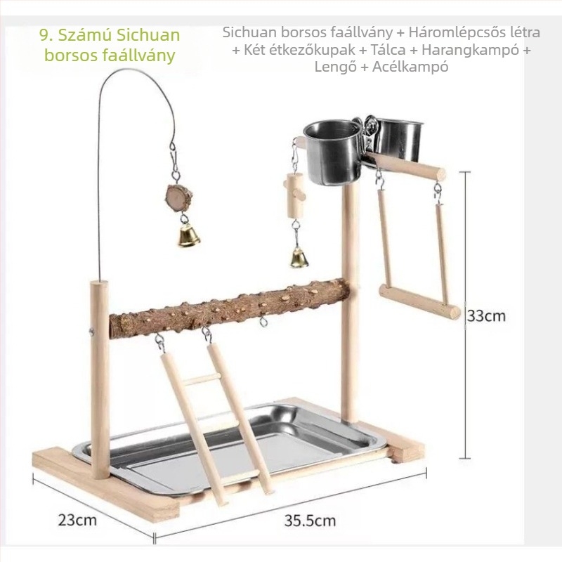 Fából készült papagájjátszótér — interaktív hintázó állvány és csiszoló karmát gyakoroló játék, madárketrec kiegészítő, márka Penta forest, eredet Shandong