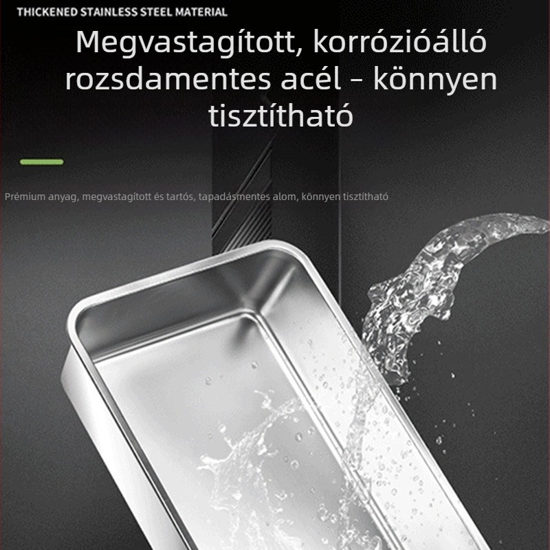 Rozsdamentes acélból készült macskaalomtál, extra nagy, teljesen zárt, magas oldalakkal a fröccsenés elleni védelemért, levehető, könnyen tisztítható