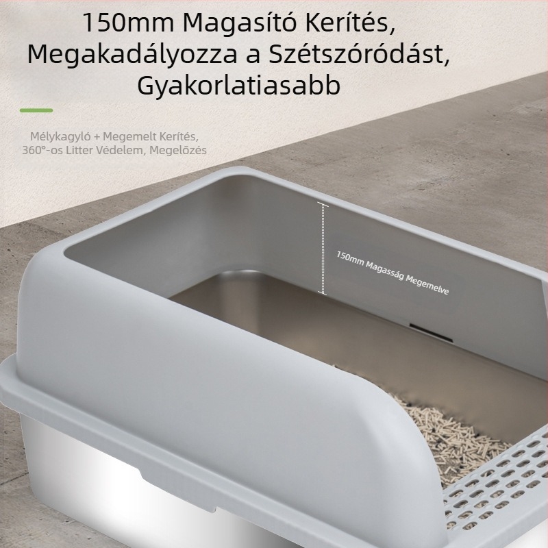 Félig zárt macskaalom-tál 201-es rozsdamentes acélból, korrózióálló, szivárgásálló, nagy belső tér, könnyen tisztítható, szélesített és megvastított
