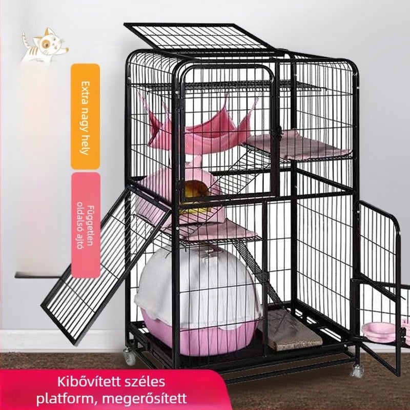 Macska ketrec ultra-nagy belső térrel, villa-stílusú négyzetcső felépítés, 2–4 szint (Anyag: négyzetcső lakkozott; Alkalmazás: macska; Kategória: ketrec; Import: Nem; IP: Nem)