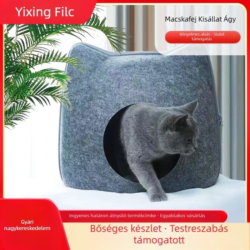 Macskafészek - félig zárt kialakítás macska formájú; lélegző; egész éves használatra; anyag: kémiai rostokból készült filc.
