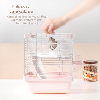 Hőrcsög ketrec kettős szintű kialakítással és kétszintes platformával, havas kastély stílusban, műanyag és vasdrótból készült konstrukció, egész éves használatra