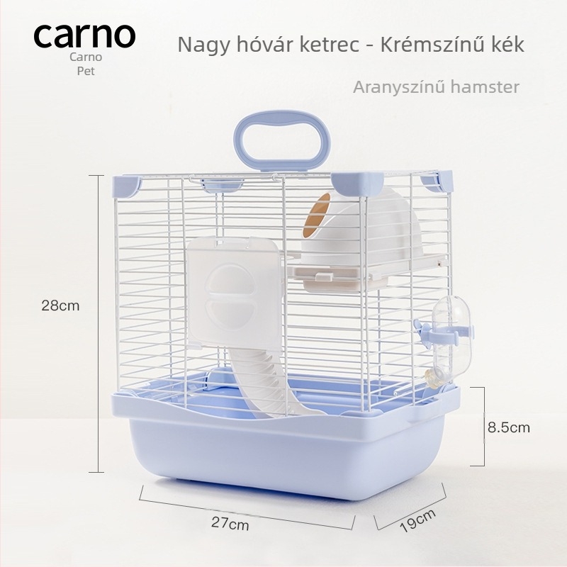 Hőrcsög ketrec kettős szintű kialakítással és kétszintes platformával, havas kastély stílusban, műanyag és vasdrótból készült konstrukció, egész éves használatra