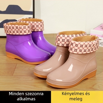 Női esőcsizma fleece béléssel, rövid szár, műanyag felsőrész, vízálló és csúszásmentes (tavasz–ősz)