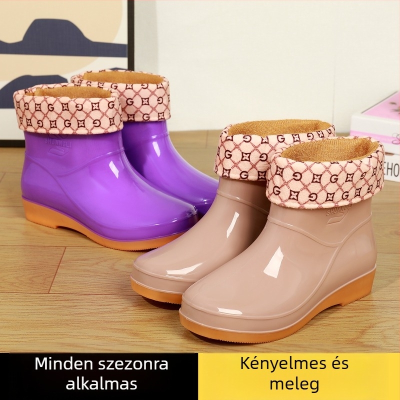 Női esőcsizma fleece béléssel, rövid szár, műanyag felsőrész, vízálló és csúszásmentes (tavasz–ősz)