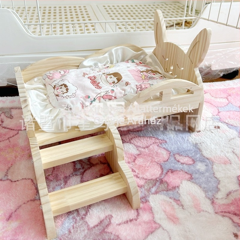 Fából készült kisállatfészek alvóhely nyúl és tengerimalac számára, lépcsővel, egész éves használatra