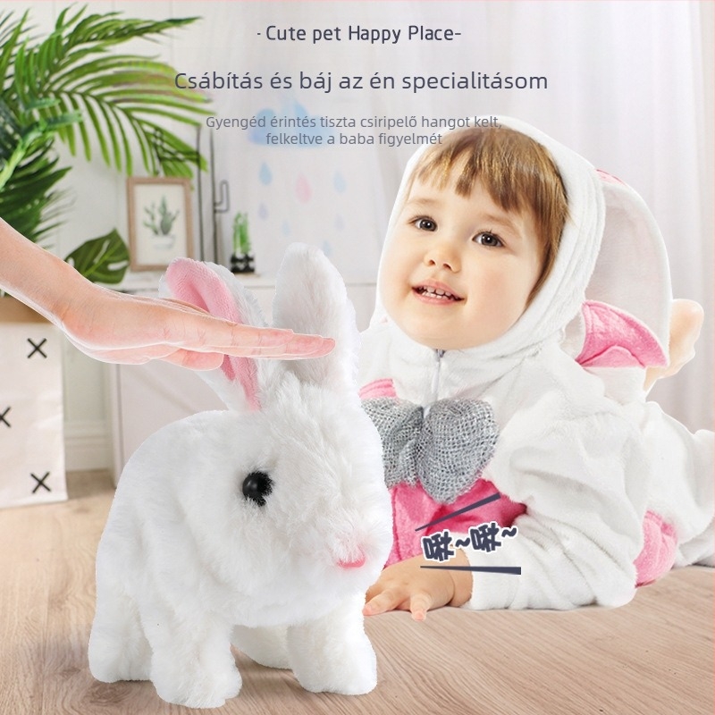 Nyuszis plüss baba, rövid plüss, PP gyapot töltés, multifunkcionális zenés hanggal, 0–3 éveseknek