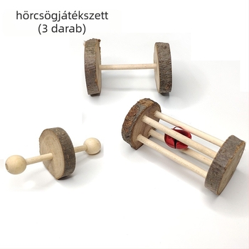 Almafa anyagú háziállat játék csengővel és forgó kerekekkel, harapós játék (Anyag: Almafa; Célközönség: Háziállatok; Import: Nem; Jellemzők: Csengő, forgó kerekek, harapós játék)