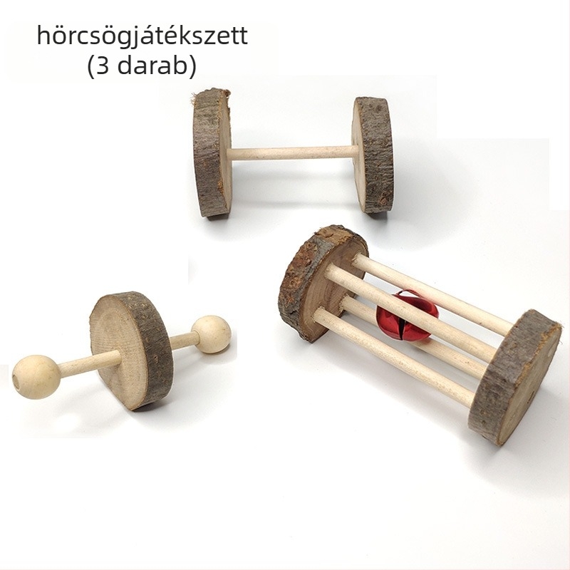 Almafa anyagú háziállat játék csengővel és forgó kerekekkel, harapós játék (Anyag: Almafa; Célközönség: Háziállatok; Import: Nem; Jellemzők: Csengő, forgó kerekek, harapós játék)