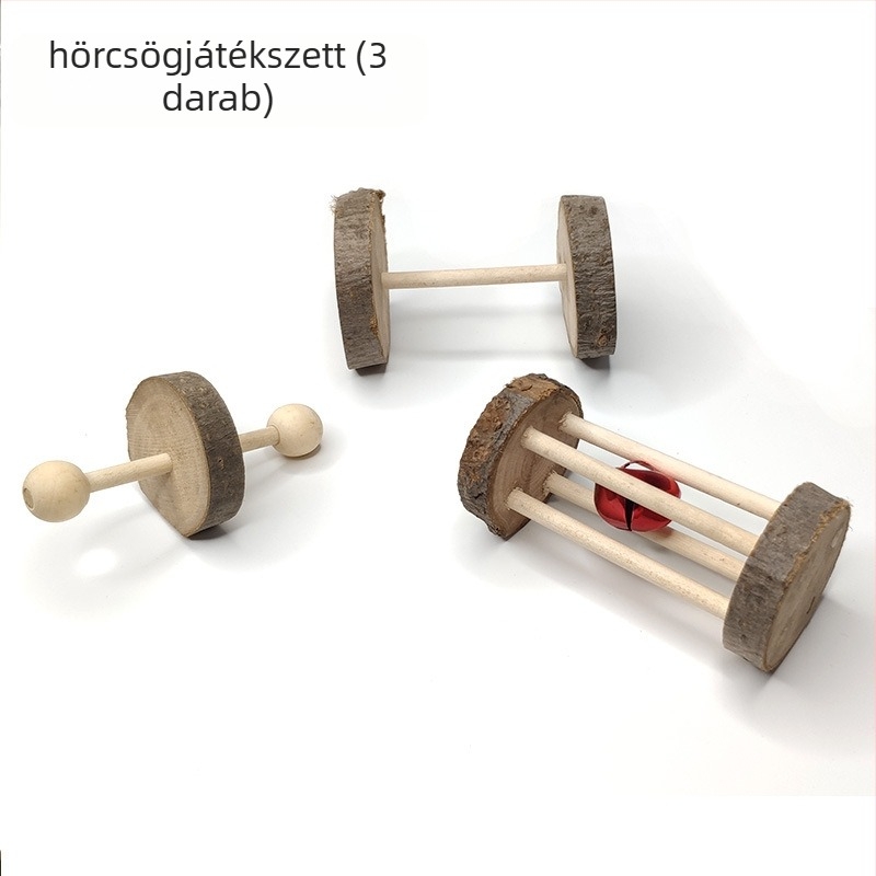 Almafa anyagú háziállat játék csengővel és forgó kerekekkel, harapós játék (Anyag: Almafa; Célközönség: Háziállatok; Import: Nem; Jellemzők: Csengő, forgó kerekek, harapós játék)