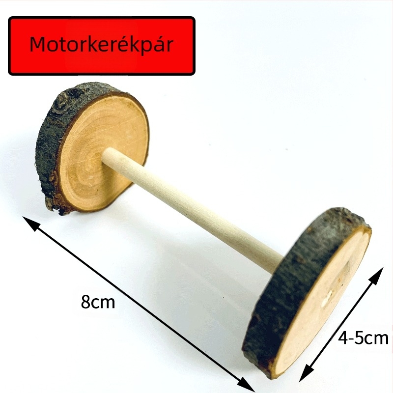 Almafa anyagú háziállat játék csengővel és forgó kerekekkel, harapós játék (Anyag: Almafa; Célközönség: Háziállatok; Import: Nem; Jellemzők: Csengő, forgó kerekek, harapós játék)