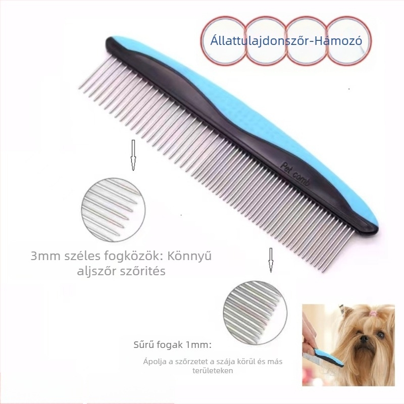 Háziállatok egyenes fésűje macskáknak és kutyáknak — eltávolítja a laza szőrt; anyagok: TRP, műanyag, rozsdamentes acél; márka Domestic