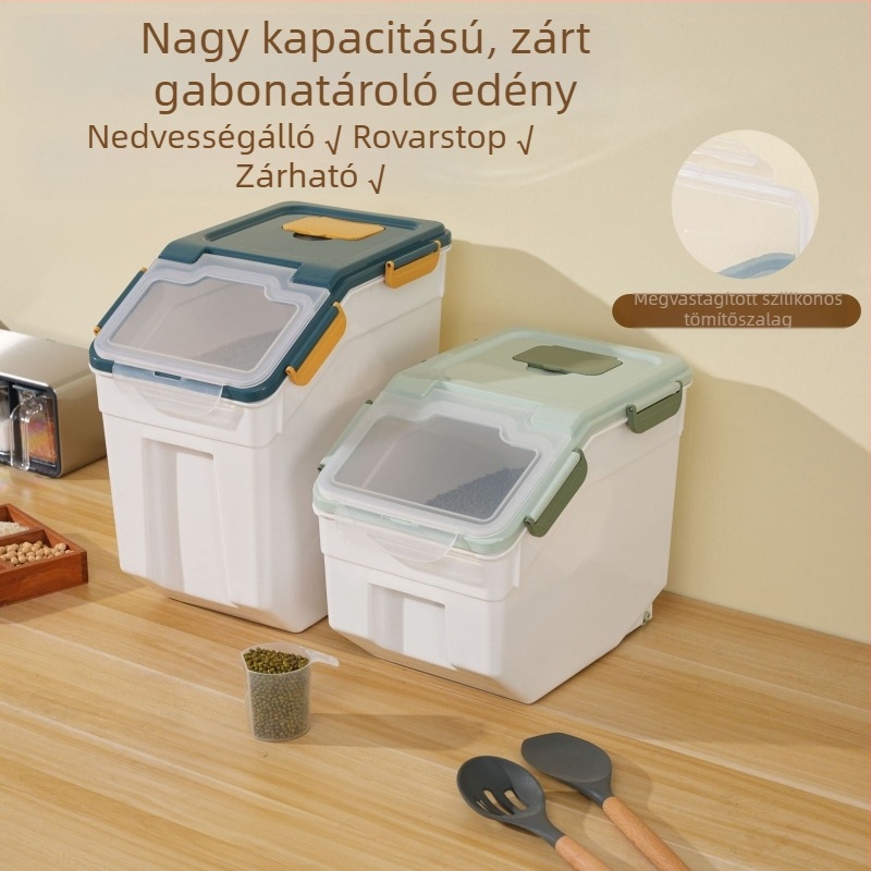 Rizs tárolóedény nedvesség- és rovarbiztosítással • PP műanyag • kapacitás 10 L felett • modern, letisztult stílus