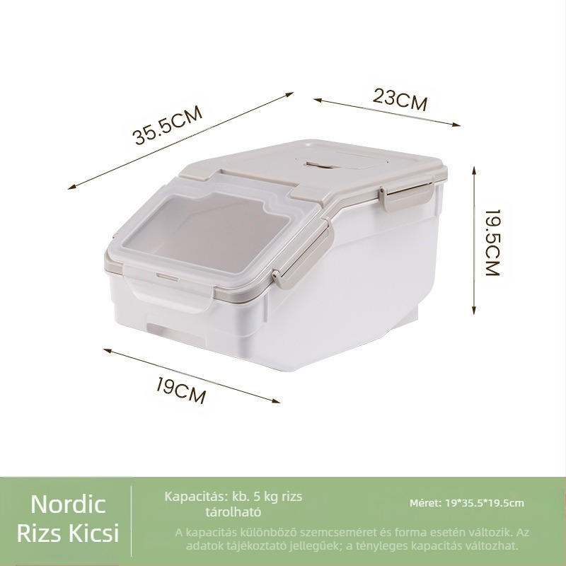 Rizs tárolóedény nedvesség- és rovarbiztosítással • PP műanyag • kapacitás 10 L felett • modern, letisztult stílus