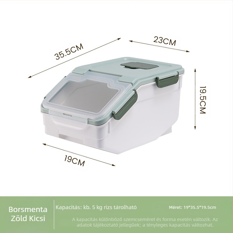 Rizs tárolóedény nedvesség- és rovarbiztosítással • PP műanyag • kapacitás 10 L felett • modern, letisztult stílus